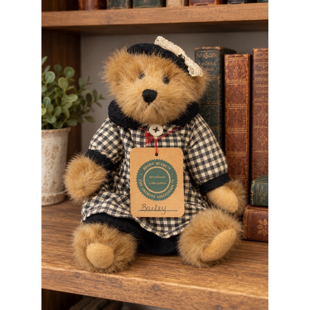 Vintage 1992 Boyds Bears Bailey Archive Collection Teddy Bear Gingham Dress Tag